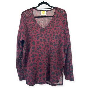Peace Love Cake Women’s Red Black Leopard Print V-Neck Pullover Tunic Knit Top M